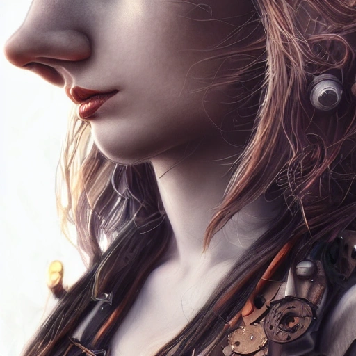 side close up portrait of 1 girl, steampunk, windblown long hair, detailed face, spotlight, steampunk city, multicolored, hyperrealistic, photografic, 8k, epic ambient light, octane render,  Pencil Sketch