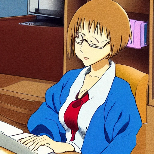 Dreamlikeart, tan adult woman sitting at a computer in a medical office, anime, by Hayao Miyazaki