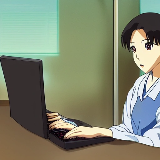 Dreamlikeart, adult woman typing on a computer in a medical office, anime, by Hayao Miyazaki,