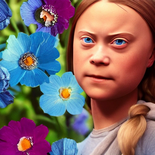 greta thunberg, upper-body shot, 1beautiful woman, pretty face, perfect naked breast, colorful flower patterns, detailed blue eyes, extremely detailed, intricate, olumetric lighting, hyper realistic, concept art, awarding winning photography, octane render