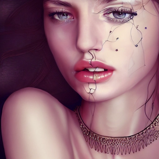 hyper realistic portrait of sexy girl, having a feather cap, a choker and luxurious necklaces, slender and slim, perfect naked breast, detailed eyes, coherent symmetrical face, digital art, perfect anatomy, hyper detailed, highly intricate, concept art, award winning photograph, rim lighting, sharp focus, 8k resolution wallpaper, smooth, denoise