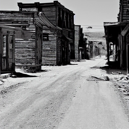 a dusty street of a ghost town, with destroyed houses in the style of the old west and empty of people  --s 200 --chaos 25       