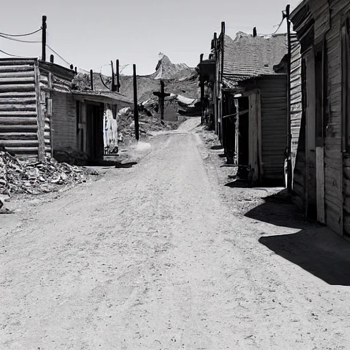 a dusty street of a ghost town, with destroyed houses in the style of the old west and empty of people  --q 0.25   --v 4    