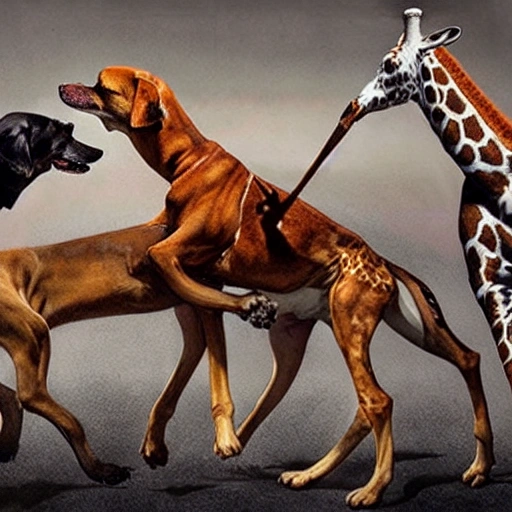 Hyperrealistic drawing of 5 dogs fighting with a giraffe