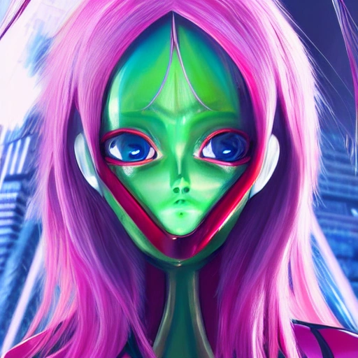 Hypermaximalist photorealistic futuristic surrealism, anime, Zero Two (Darling In The FranXX), long shot, full body, green eyes, symmetric face, happy, joyful, love,  award winning, delicate, highly detailed face, professional concept art, elegant, highly detailed 3d painting, smooth, deep colors, sharp focus, illustration, , Cartoon