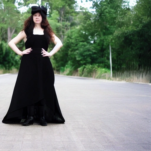 Foto of a lady with a black dress, realistic, With black boots 