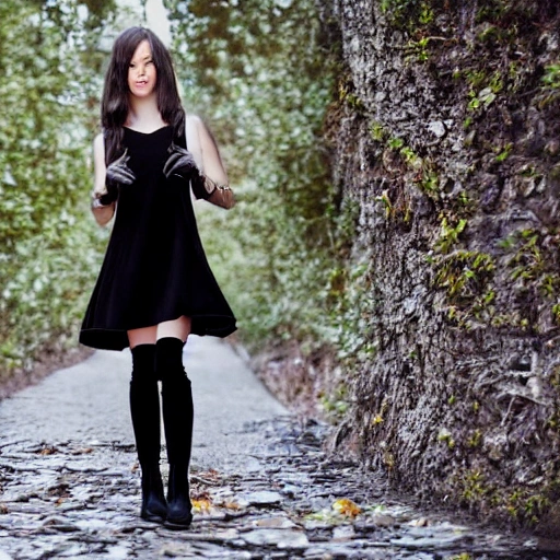 Foto of a Young lady with a black dress, realistic, With black boots 