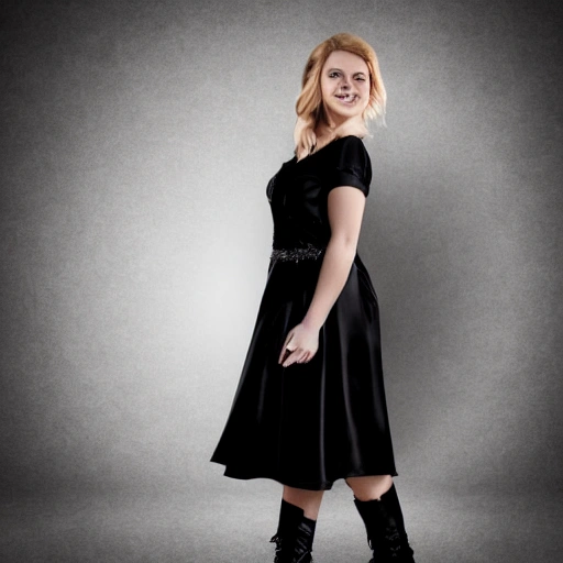 Foto of a Young lady with a black dress, realistic, With black boots 