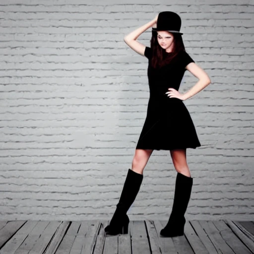 Foto of a Young lady with a black dress, realistic, With black boots, Perfect face 