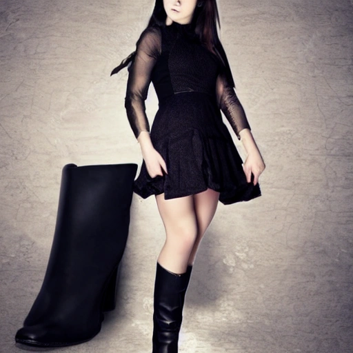 Foto of a Young lady with a black dress, realistic, With black boots, Perfect face 