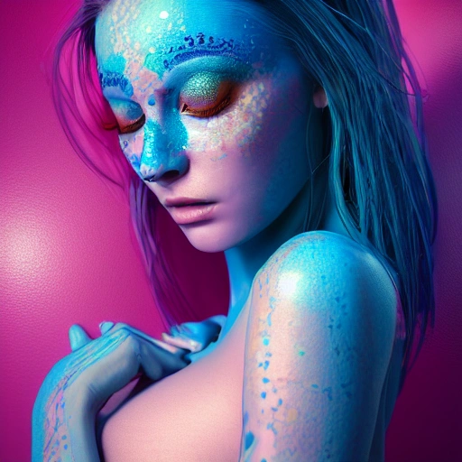 beautiful woman, pretty face, perfect naked breast, colorful flower patterns, detailed blue eyes, extremely detailed, intricate, olumetric lighting, hyper realistic, concept art, awarding winning photography, octane render