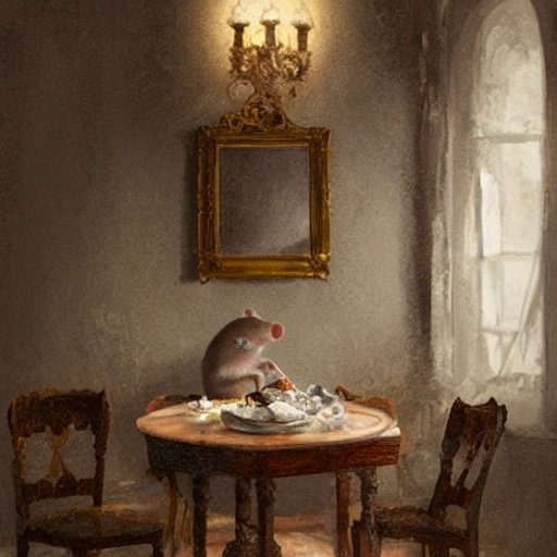 cute scene, a cultivated gray mouse enjoying a piece of cheese and a glass of whine sitting in a historic chair in an old French residential house,  intricate, highly detailed, artstation, concept art, smooth, sharp focus, natural lighting, art by artgerm and greg rutkowski, 3D, characters