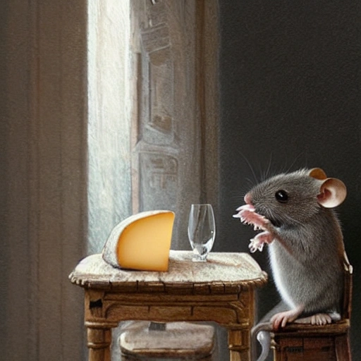 cute scene, a cultivated gray mouse enjoying a piece of cheese and a glass of whine sitting in a historic chair in an old French residential house,  intricate, highly detailed, artstation, concept art, smooth, sharp focus, natural lighting, art by artgerm and greg rutkowski, 3D, characters