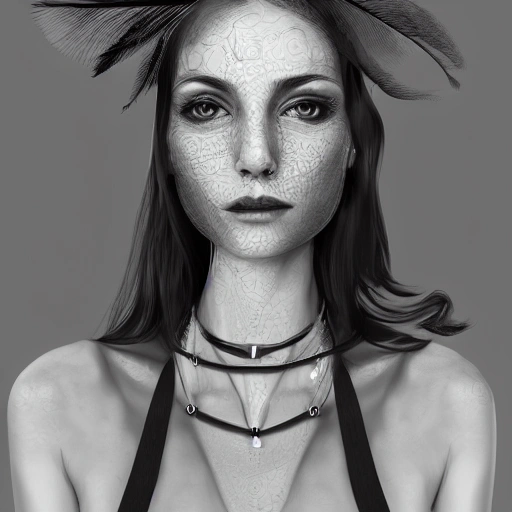 hyper realistic portrait of sexy girl, having a feather cap, a choker and luxurious necklaces, slender and slim, perfect naked breast, detailed eyes, coherent symmetrical face, digital art, perfect anatomy, hyper detailed, highly intricate, concept art, award winning photograph, rim lighting, sharp focus, 8k resolution wallpaper, smooth, denoise