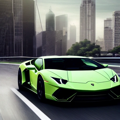 professional photo of Lamborghini sports car in motion, tuned, need for speed, shiny metal, city in the background, ((wallpaper)), low angle, intricate, highly detailed, elegant, DSLR, canon, digital painting, pinterest, artstation, concept art, smooth, sharp focus, illustration, unreal engine, blender, behance, 500px, art by artgerm and greg rutkowski and alphonse mucha, 4k