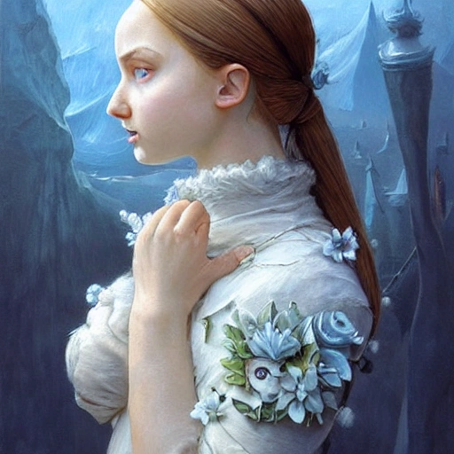 , Oil Painting, a girl portrait,  side view,,art by Gediminas Pranckevicius, Hyperrealistic beautiful goodness ethereal  white north pole  art nouveau, fantasy, intricate flower designs, elegant, highly detailed, sharp focus, art by Artgerm and Greg Rutkowski and WLOP - princess of dead of tarot card The Star card shows a princess of dead standing in front of intricate magical stone energy portal.The lush green land around her seems to say that it is working. One foot is inside the water which shows the spiritual abilities and inner strength of the woman. The other foot on the ground shows her practical abilities and strengths. Behind her, there is a large central star surrounded by seven small stars which represent the chakras. There is bird standing at a tree branch which represents the holy ibis of thought. The Star's astrological correspondent is Aquarius.. ultra detailed, hyper realistic