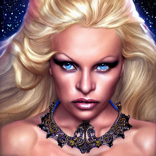 Pamela Anderson as space princess, ornate jewelry, ultra realistic, concept art, elegant, ((intricate)), ((highly detailed)), (((depth of field))), ((professionally color graded)), detailed eyes, coherent symmetrical face, slender and slim, perfect naked breast, digital art, perfect anatomy, hyper detailed, highly intricate, concept art, award winning photograph, rim lighting, sharp focus, 8k resolution wallpaper, smooth, denoise, art by artgerm and greg rutkowski and alphonse mucha