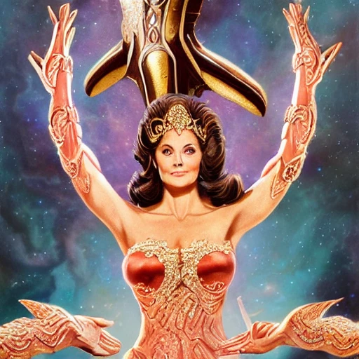 Lynda Carter as space princess, ornate jewelry, ultra realistic, concept art, elegant, ((intricate)), ((highly detailed)), (((depth of field))), ((professionally color graded)), detailed eyes, coherent symmetrical face, slender and slim, perfect naked breast, digital art, perfect anatomy, hyper detailed, highly intricate, concept art, award winning photograph, rim lighting, sharp focus, 8k resolution wallpaper, smooth, denoise, art by artgerm and greg rutkowski and alphonse mucha, 3D