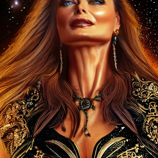 Paulina Porizkova as space princess, ornate jewelry, ultra realistic, concept art, elegant, ((intricate)), ((highly detailed)), (((depth of field))), ((professionally color graded)), detailed eyes, coherent symmetrical face, slender and slim, big flowing hair, perfect naked breast, digital art, perfect anatomy, hyper detailed, highly intricate, concept art, award winning photograph, rim lighting, sharp focus, 8k resolution wallpaper, smooth, denoise, art by artgerm and greg rutkowski and alphonse mucha, 3D