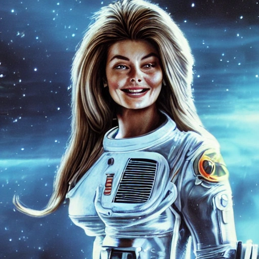 Young Paulina Porizkova as space mechanic repairing starfighter, grimy appearance, ultra realistic, concept art, elegant, ((intricate)), ((highly detailed)), (((depth of field))), ((professionally color graded)), detailed eyes, coherent symmetrical face, slender and slim, big flowing hair, digital art, hyper detailed, highly intricate, concept art, award winning photograph, rim lighting, sharp focus, 8k resolution wallpaper, smooth, denoise, art by artgerm and greg rutkowski and alphonse mucha, 3D