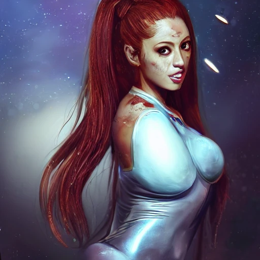 Arianna Grande as space mechanic repairing a battle-scarred starfighter, grimy appearance, ultra realistic, concept art, elegant, ((intricate)), ((highly detailed)), (((depth of field))), ((professionally color graded)), detailed eyes, coherent symmetrical face, slender and slim, large breast, digital art, hyper detailed, highly intricate, concept art, award winning photograph, rim lighting, sharp focus, 8k resolution wallpaper, smooth, denoise, art by artgerm and greg rutkowski and alphonse mucha, 3D