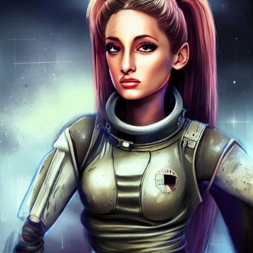 Arianna Grande as space mechanic repairing a battle-scarred starfighter, grimy appearance, ultra realistic, concept art, elegant, ((intricate)), ((highly detailed)), (((depth of field))), ((professionally color graded)), detailed eyes, coherent symmetrical face, slender and slim, large breast, digital art, hyper detailed, highly intricate, concept art, award winning photograph, rim lighting, sharp focus, 8k resolution wallpaper, smooth, denoise, art by artgerm and greg rutkowski and alphonse mucha, 3D