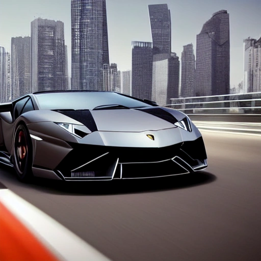 professional photo of Lamborghini sports car in motion, tuned, need for speed, shiny metal, city in the background, ((wallpaper)), low angle, intricate, highly detailed, elegant, DSLR, canon, digital painting, pinterest, artstation, concept art, smooth, sharp focus, illustration, unreal engine, blender, behance, 500px, art by artgerm and greg rutkowski and alphonse mucha, 4k, 3D