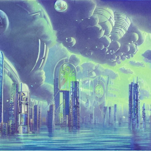 futuristic colony on Venus, city built in the clouds, Water Color