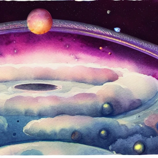 futuristic space colony in the clouds of venus, long horizontal oval shaped colonies with many windows and features floating in the clouds tethered to the surface, watercolor 