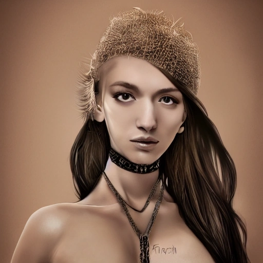 hyper realistic portrait of sexy girl, having a feather cap, a choker and luxurious necklaces, slender and slim, perfect naked breast, detailed eyes, coherent symmetrical face, digital art, perfect anatomy, hyper detailed, highly intricate, concept art, award winning photograph, rim lighting, sharp focus, 8k resolution wallpaper, smooth, denoise, Cartoon