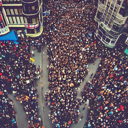 Psychic man, 3rd person overhead view, seeing the chi energy of people in a crowded street 
