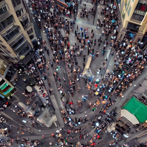 Psychic man, 3rd person overhead view, seeing the chi energy of people in a crowded street 
