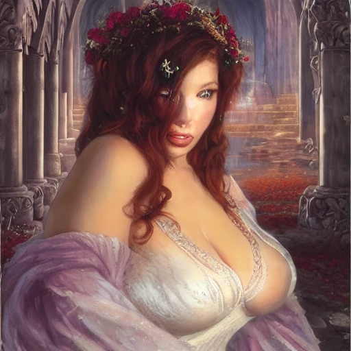 portrait of gwynevere from dark souls, big busty curvy, beautiful, by thomas kinkade, steve hanks, artgerm, high detail, sunlight, divine presence, silk gown cleavage, long wavy hair