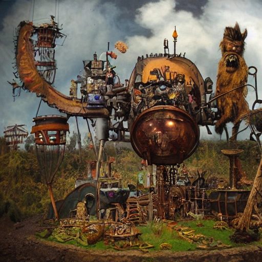 colorful and fantastical dieselpunk diorama world of "Where the Wild Things Are", a cutaway diagram of dieselpunk realistic stilts malinke head ,maximalist ,by Kim Keever, flickr, alexander mcqueen, roberto ferri, souls, albert watson, 4k, otto dix and ryohei hase