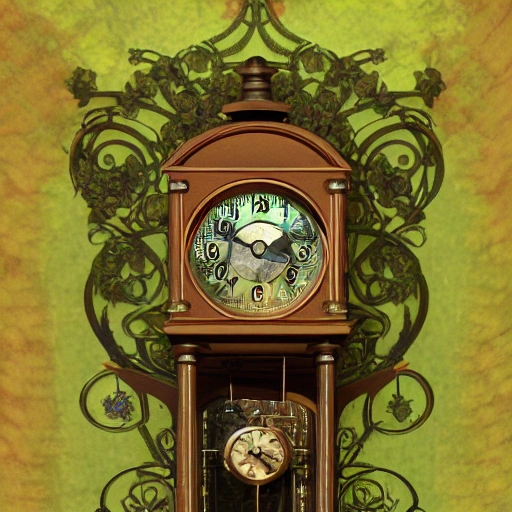 steampunk grandfather clock, (octagonal face), brass trim, steampunk, flowers and vines background, verdigris, volumetric fog, hyper maximalist, concept art, deep color, volumetric lighting, Cinematic lighting, digital matte painting, unreal engine 5
