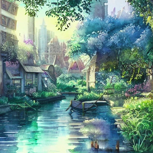 Beautiful happy picturesque charming sci-fi town in harmony with nature. Beautiful light. Water and plants. Nice colour scheme, soft warm colour. Beautiful detailed artistic watercolor by Lurid. (2022), 3D