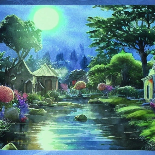 Beautiful happy picturesque charming sci-fi town in harmony with nature. Beautiful light. Water and plants. Nice colour scheme, soft warm colour. Beautiful detailed artistic watercolor by Lurid. (2022), 3D