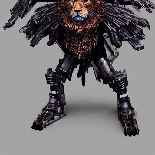 high quality cyberpunk lion with wings, dark colored scheme