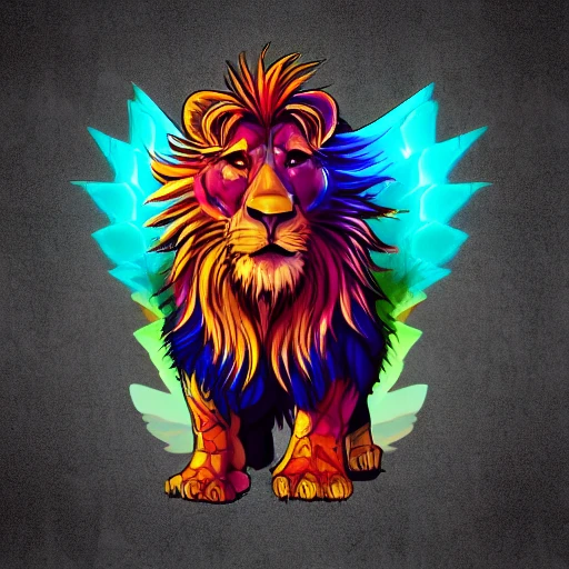 high quality cyberpunk lion with wings, colored scheme, Cartoon, 3D