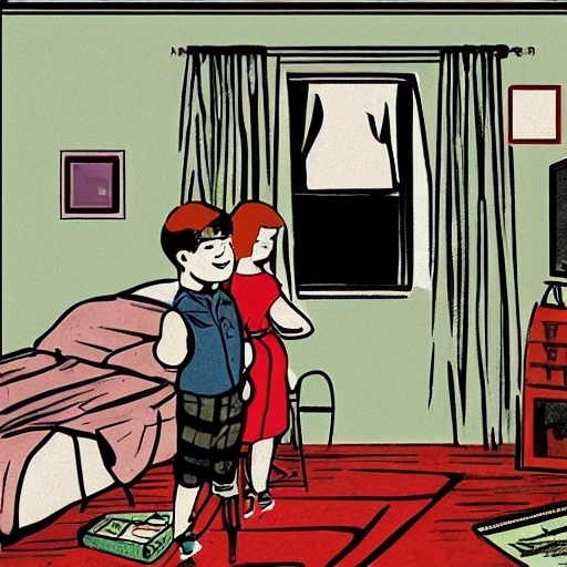 boy and girl relax in small bedroom apartment clutter no windows big tv , 50's illustration , cyberpunk , lofi color , drawing by rembrandt