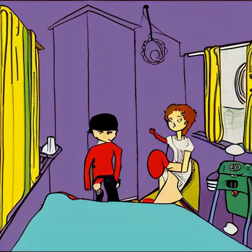 boy and girl relax in small bedroom apartment clutter no windows big tv , 50's illustration , cyberpunk , lofi color , drawing by rembrandt, Trippy