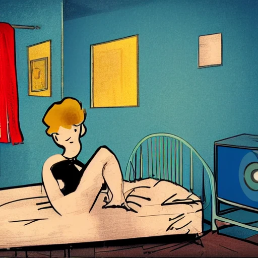 boy and girl relax in small bedroom apartment clutter no windows big tv , 50's illustration , cyberpunk , lofi color , drawing by rembrandt, Trippy, 3D