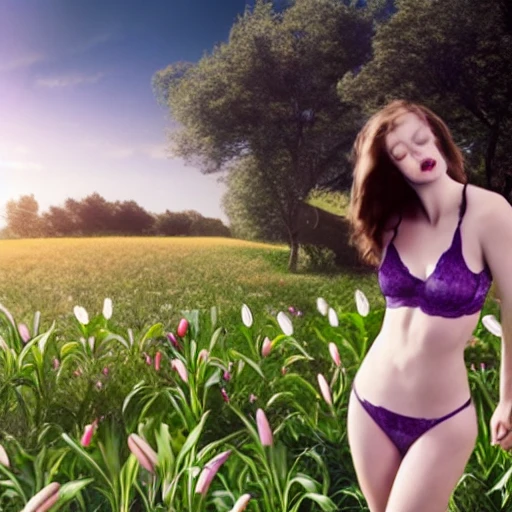 a realistic picture of a young woman in a field full of lilies, the wind blows, the woman is wearing purple lingerie