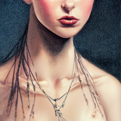 hyper realistic portrait of sexy girl, having a feather cap, a choker and luxurious necklaces, slender and slim, perfect naked breast, detailed eyes, coherent symmetrical face, digital art, perfect anatomy, hyper detailed, highly intricate, concept art, award winning photograph, rim lighting, sharp focus, 8k resolution wallpaper, smooth, denoise