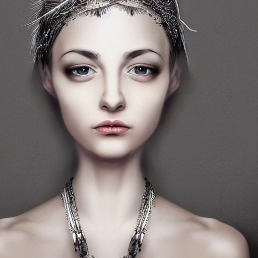 hyper realistic portrait of sexy girl, having a feather cap, a choker and luxurious necklaces, slender and slim, perfect naked breast, detailed eyes, coherent symmetrical face, digital art, perfect anatomy, hyper detailed, highly intricate, concept art, award winning photograph, rim lighting, sharp focus, 8k resolution wallpaper, smooth, denoise