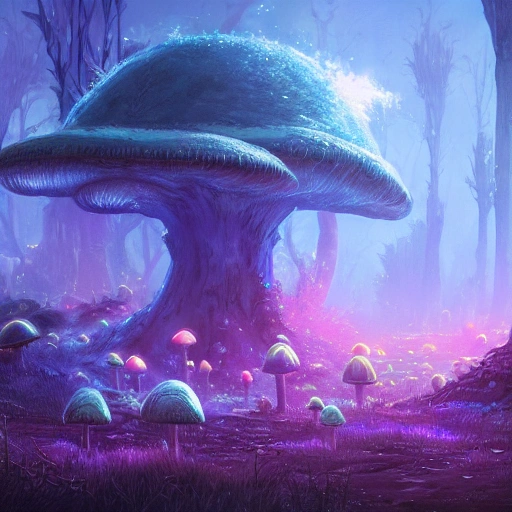 concept art painting of a fantasy alien fungal landscape at night, with glowing blue lights, glowing blue mushrooms, dark purple sky, realistic, detailed, cel shaded, in the style of makoto shinkai and greg rutkowski and albert bierstadt and james gurney