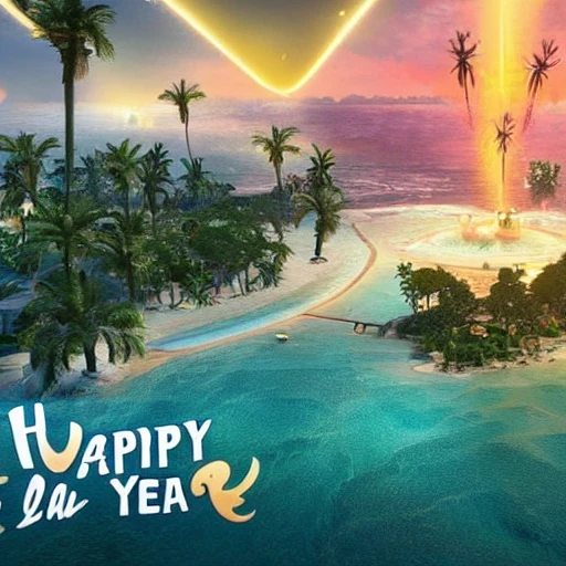 A vision of paradise, Unreal Engine, The word "2023" and "Happy new year" must come out