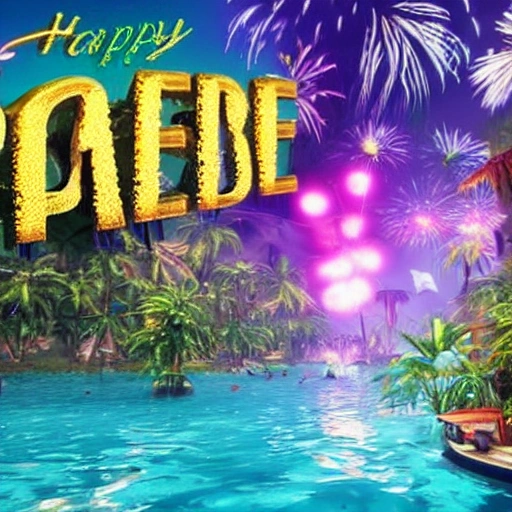 A vision of paradise, Unreal Engine, The word "2023" and "Happy new year" must come out in english