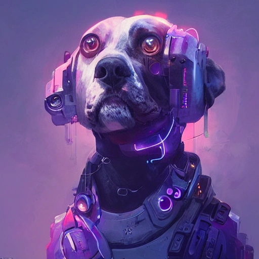 a beautiful portrait of a cute cyberpunk dog by greg rutkowski and wlop, purple blue color scheme, high key lighting, digital art, highly detailed, fine detail, intricate, ornate, complex