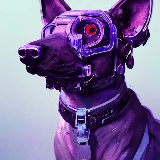 a beautiful portrait of a cute cyberpunk dog by greg rutkowski and wlop, purple blue color scheme, high key lighting, digital art, highly detailed, fine detail, intricate, ornate, complex, Trippy, Cartoon, 3D, Pencil Sketch, Water Color, Oil Painting